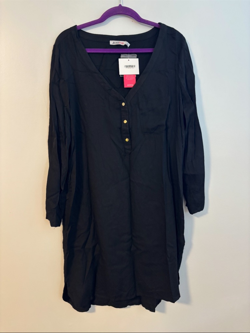 JustFab Black Long Sleeve V-neck Pocket Shirt Dress Size Large